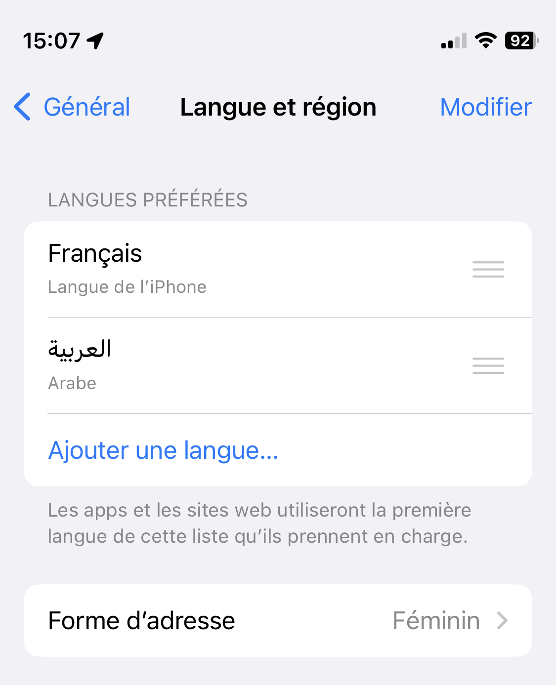 Page de changement de langue en français sur iPhone