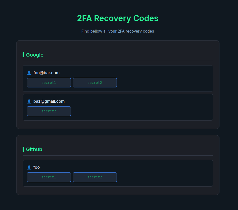 exemple de page qui affiche des recovery codes