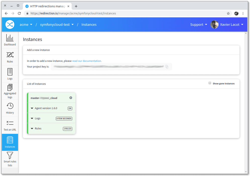 Screencapture of redirection.io's instances screen