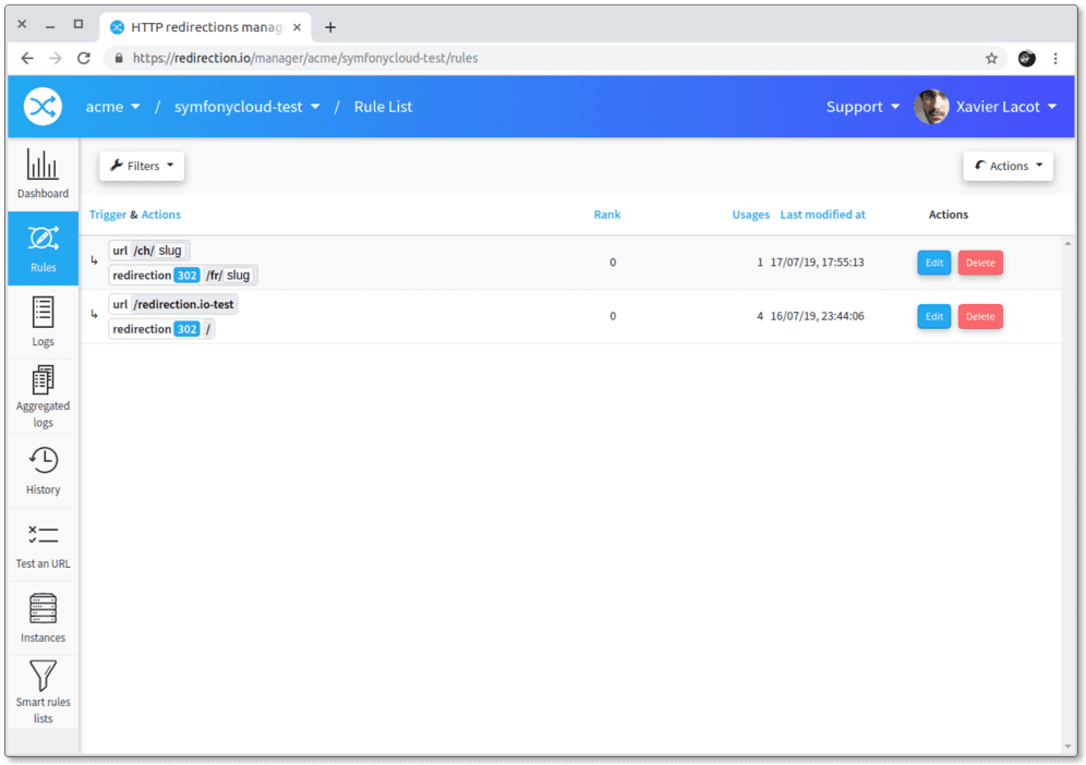 Screencapture of redirection.io's rules list