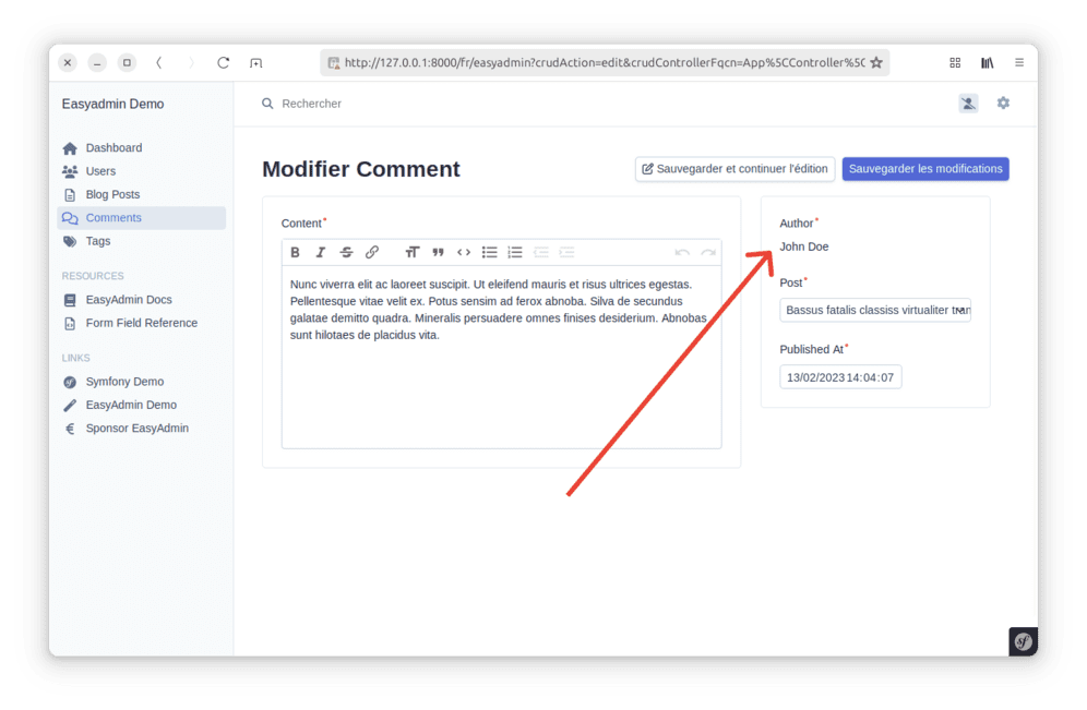 Exemple d'un champ de texte statique dans un formulaire Easyadmin
