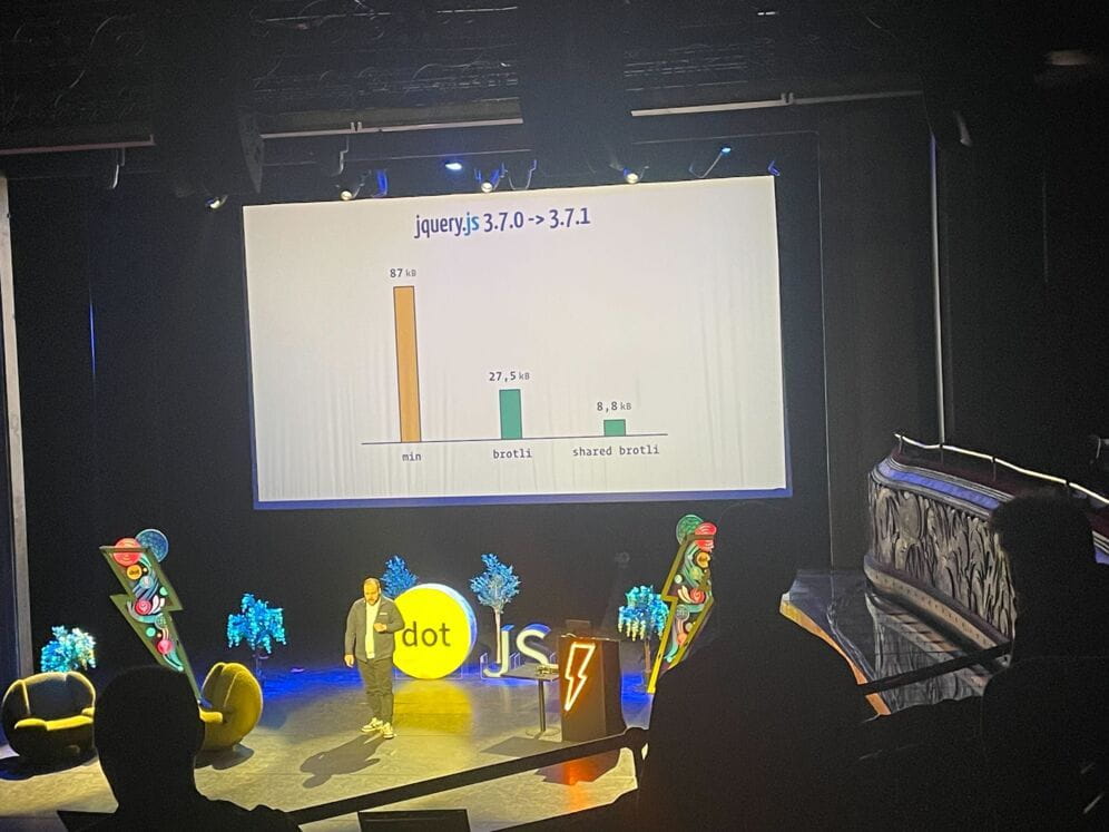 slide qui présente les taux de compression de jquery minifié (87kB), avec brotli (27,5kB) et avec shared brotli (8,8kB)