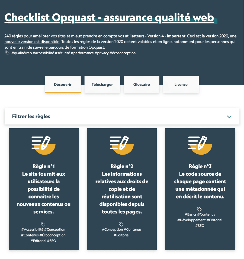Capture d'écran de la checklist Opquast