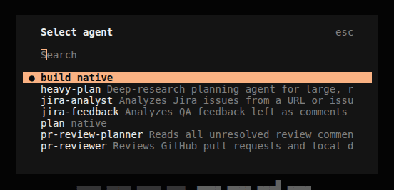 Le s&eacute;lecteur d'agents dans OpenCode, avec mes agents personnalis&eacute;s