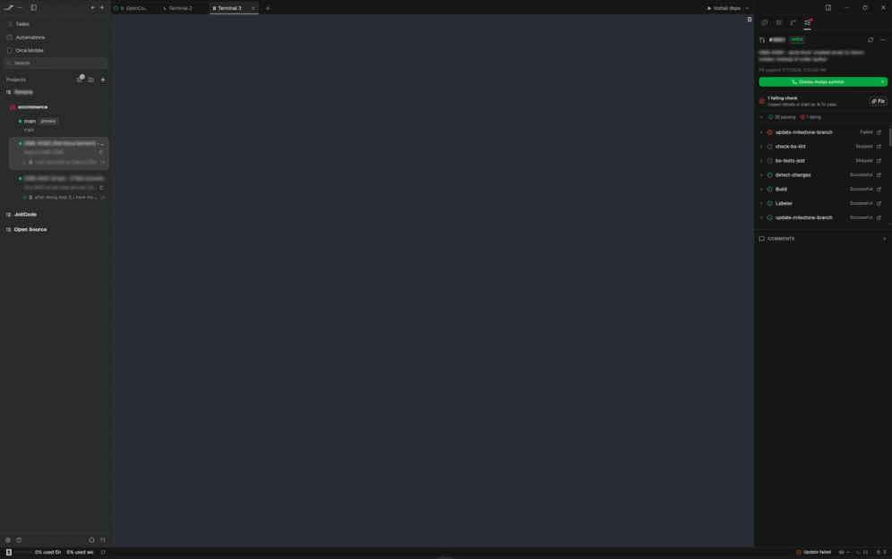 Le statut des GitHub Actions dans le dock de droite d'Orca