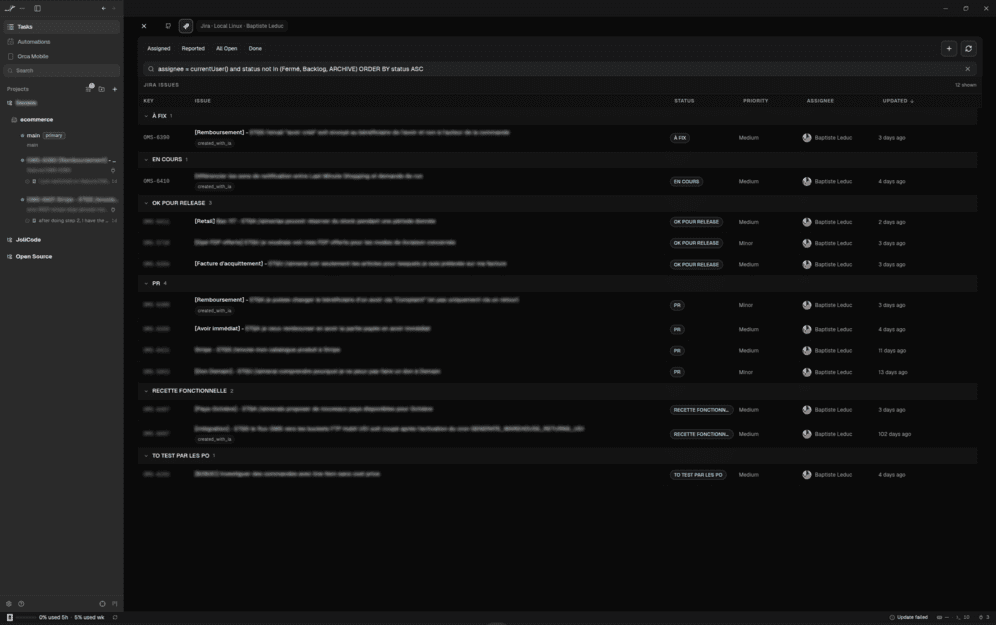 Les issues Jira list&eacute;es dans Orca