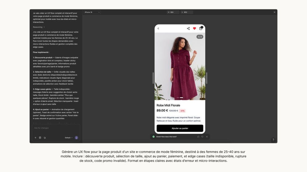 G&eacute;n&egrave;re un UX flow pour la page produit d&rsquo;un site e-commerce 