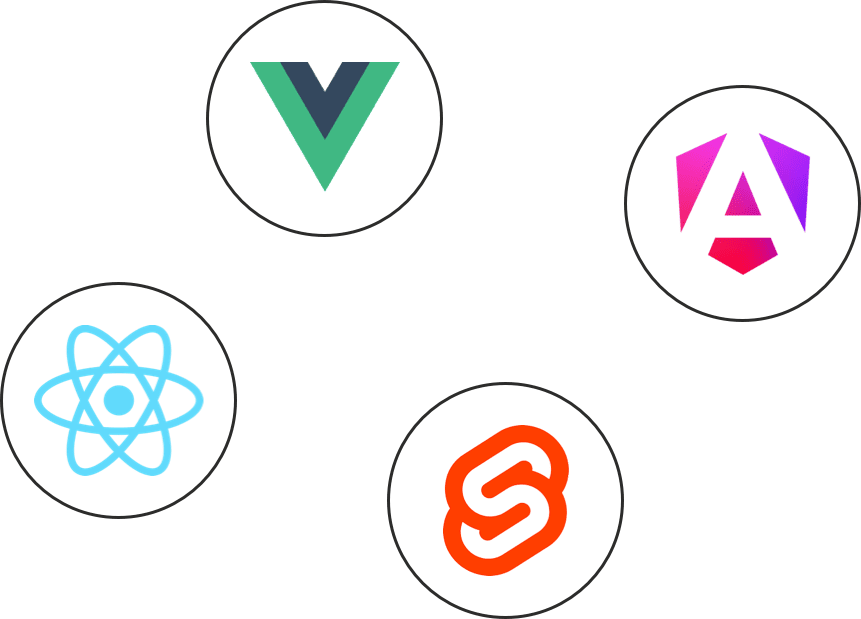 Logos des principaux frameworks JavaScript : React, Vue, Angular et Svelte