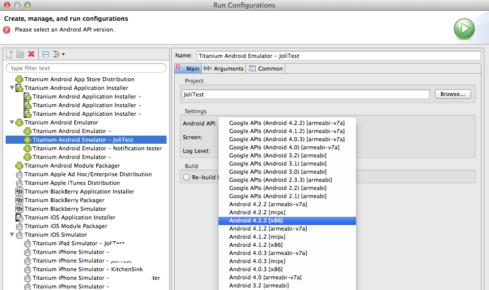 Configure the run configurations in Titanium Studio