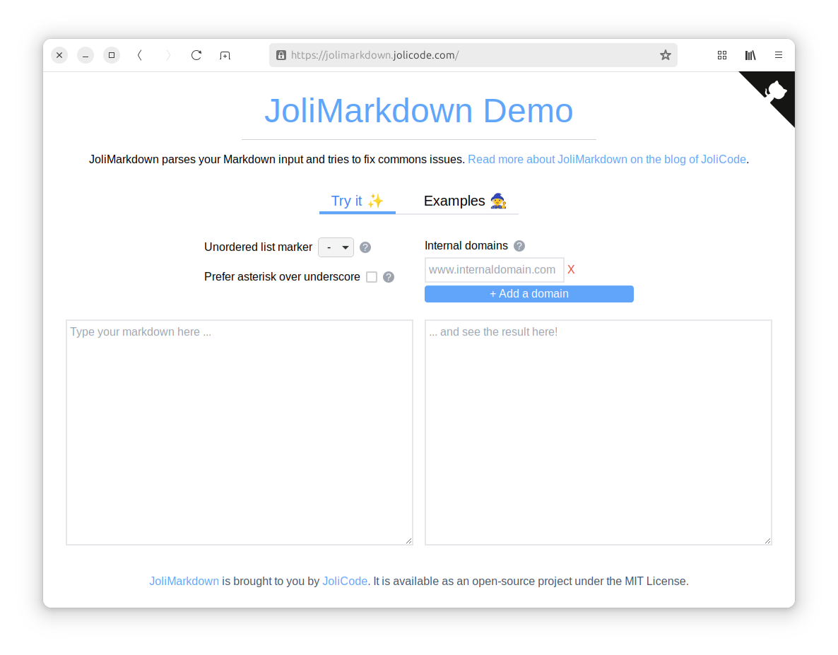 The JoliMarkdown demo website
