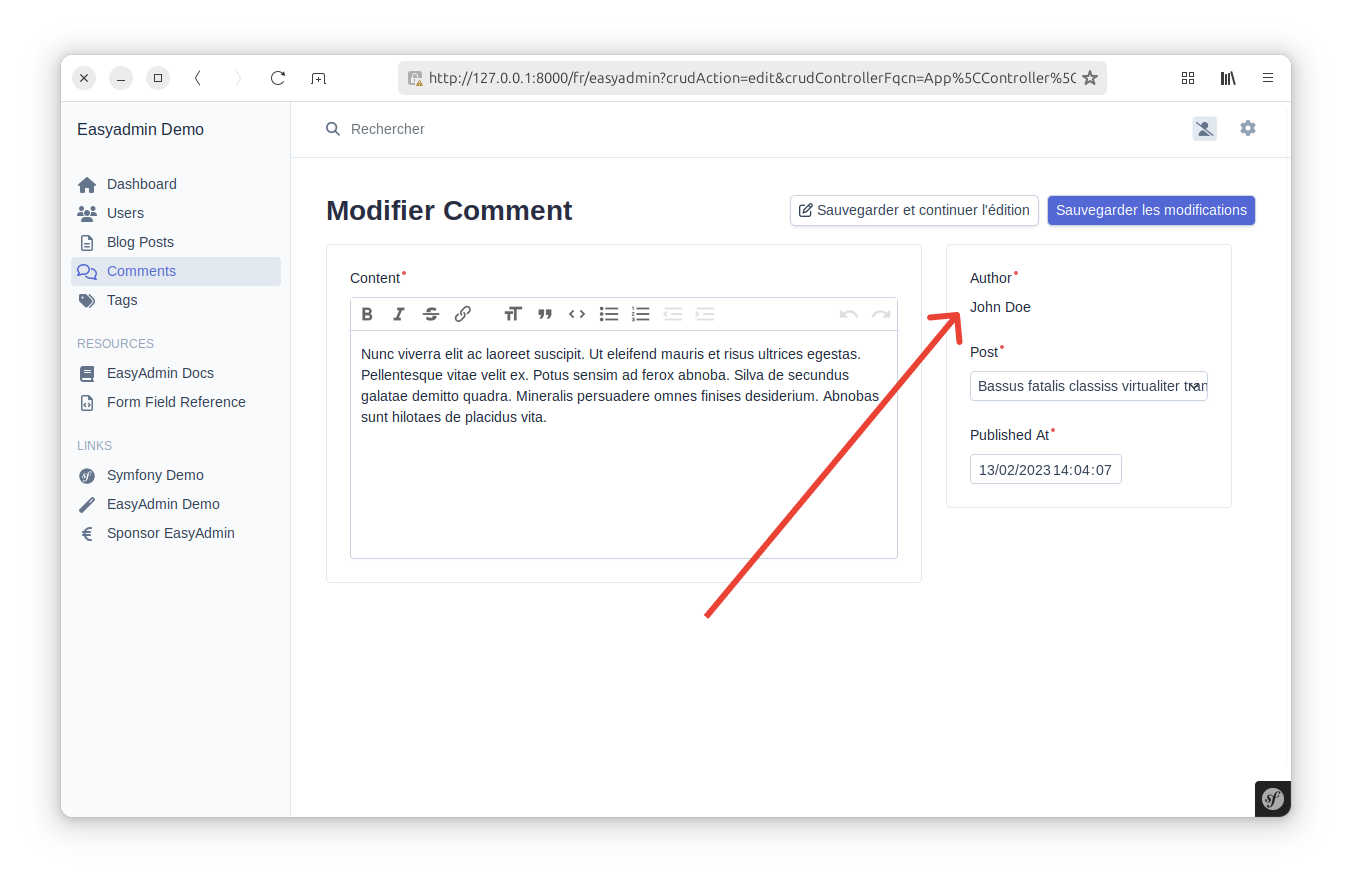 Exemple d'un champ de texte statique dans un formulaire Easyadmin