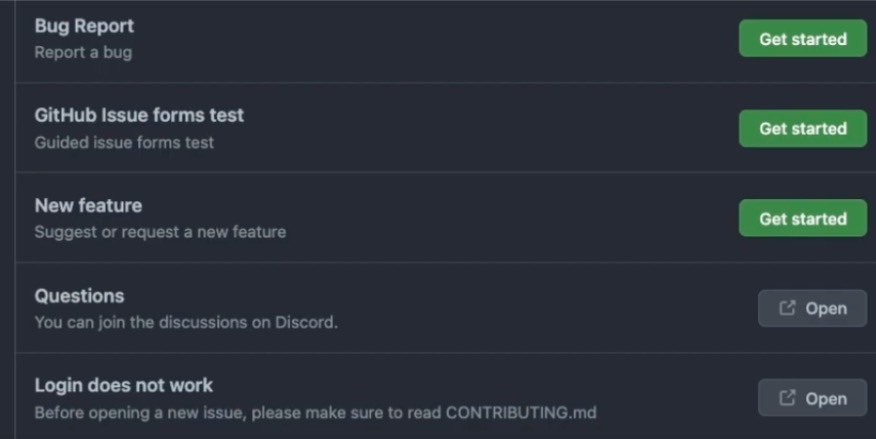 Choix du type de ticket sur GitHub